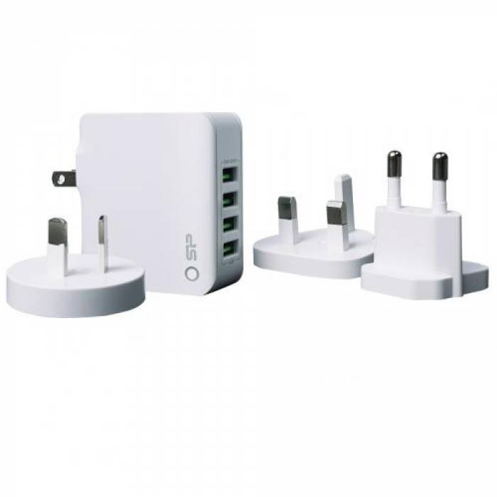 Incarcator retea Silicon Power WC104P, 4x USB, 22W UK/EU/AU adapters, White
